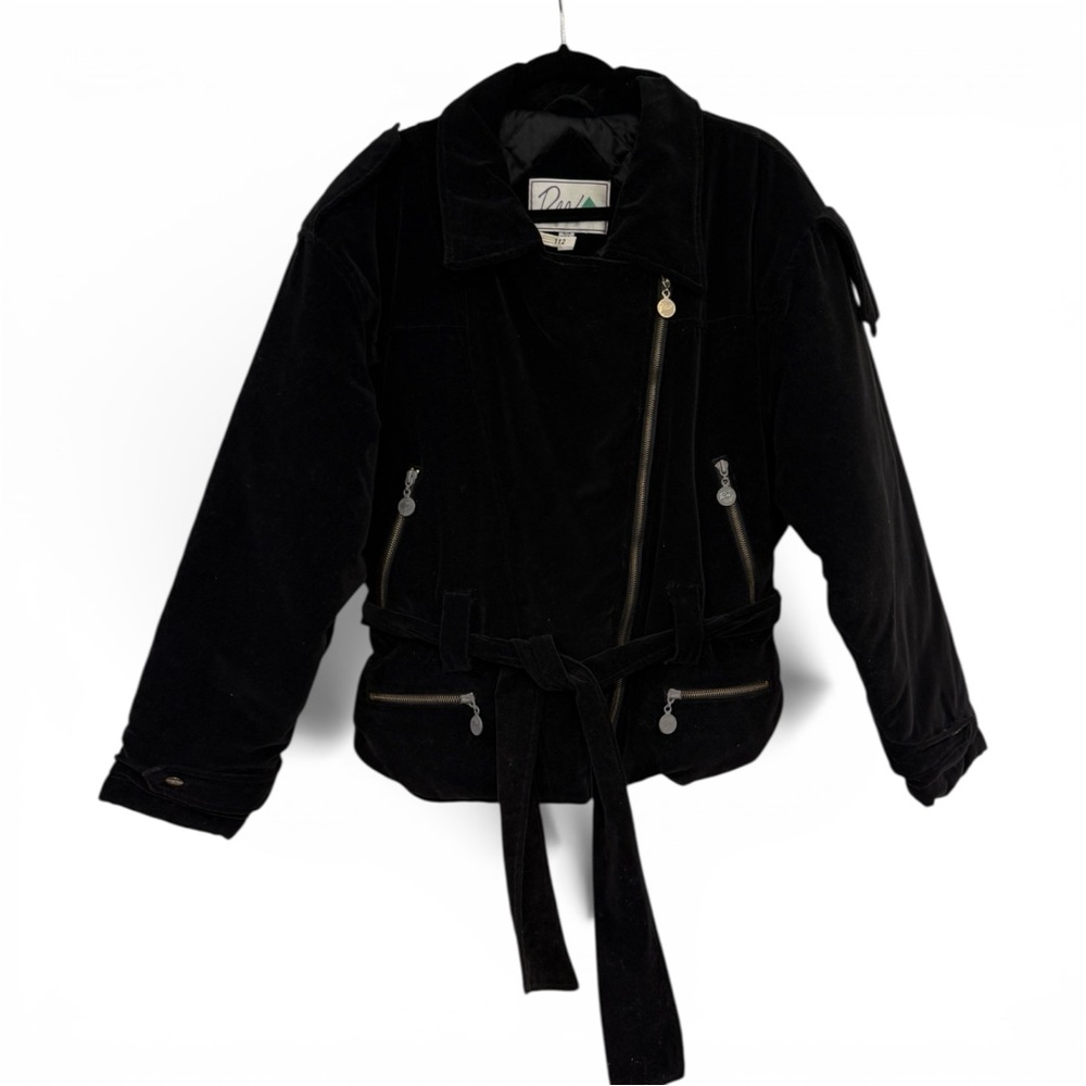 Vintage Black Velvet Belted Moto Jacket Asymetric zip Women's M Biker vibe heavy